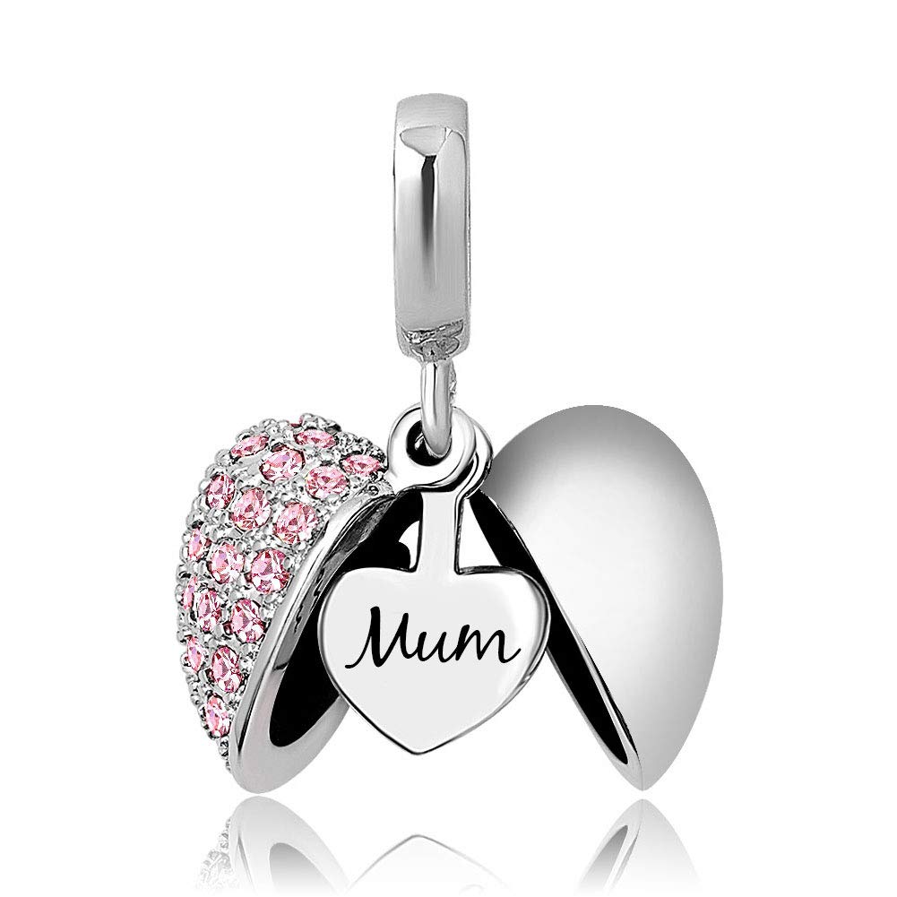 KunBead Jewelry Mum Charms Clearance for Women Love Heart Pink Crystal Dangle Beads for Charm Bracelets