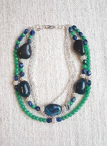 The Agatha - Handmade Jewelry - Sterling Silver Necklace designed with Agate, Quartz &amp; Azurite-Malachite Gemstones - Handcrafted Designer Jewelry