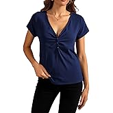 winkbay Women's Summer Ruched V Neck T Shirts Cute Button Short Sleeve Fitted Dressy Casual Tops