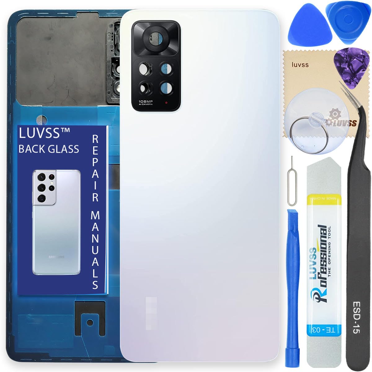 LUVSS Back Glass Cover Replacement Compitable for Xiaomi Redmi Note 11 Pro 5G Rear Cover + Camera Lens + Repair Manual DIY Tools Kit (White)