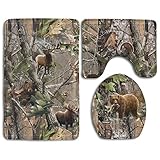 Usieis Real Tree Camo Non-Slip Toilet Rug Sets 3 Pcs Bathroom Mats Rug Lid Toilet Cover