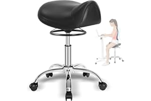 SALONFACTORY Saddle Stool with Wheels 400 lbs Weight Capacity, Heavy Duty Rolling Stool for Medical Massage Salon Kitchen Spa Drafting Nail-Tech,Height Adjustable,360 Swivel,Wide Thick Seat Padding (Black)