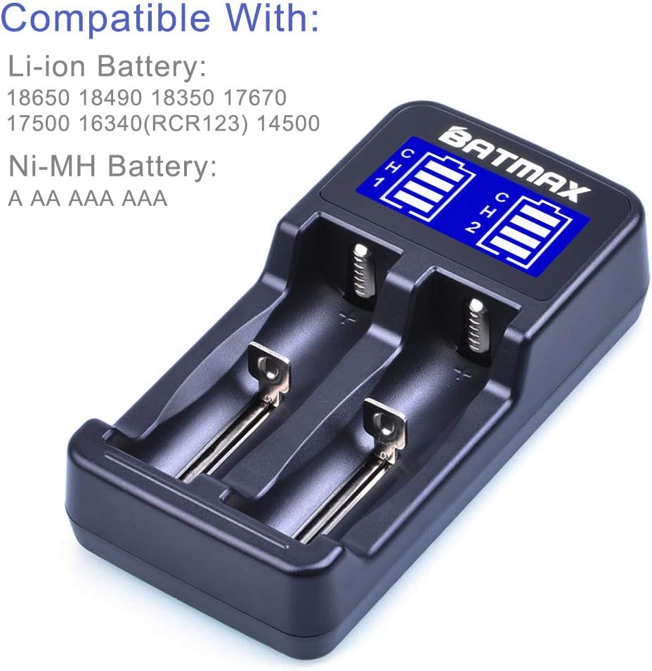 Batmax LCD Universal Intelligent USB Dual Battery Charger for Li-ion/Ni-MH/Ni-Cd 18650 18490 18350 17670 17500 16340(RCR123) 14500 A AA AAA AAAA Rechargeable Batteries: Home Audio & Theater