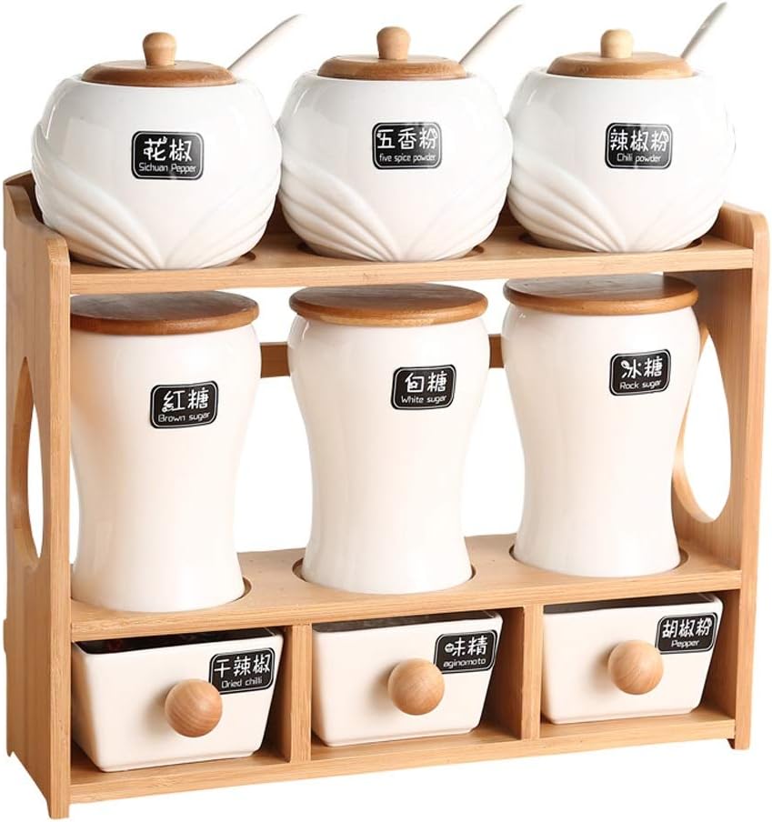 Sugar Bowls Seasoning Box Set Porcelain Condiment Jar Spice Container With Lids, Including Storage Tanks, Seasoning Tanks, Wooden Seasoning Racks- Pottery Cruet Pot For Sugar Bowl Serving Tea, Coffee,