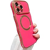 ZONRW for iPhone 14 Pro Max Case Magnetic,for Women Girls Soft Cute Wave Frame Curly Shape Love Heart Luxury Plating Phone Case Compatible with MagSafe Shockproof Back Cover 6.7"-Hot Pink