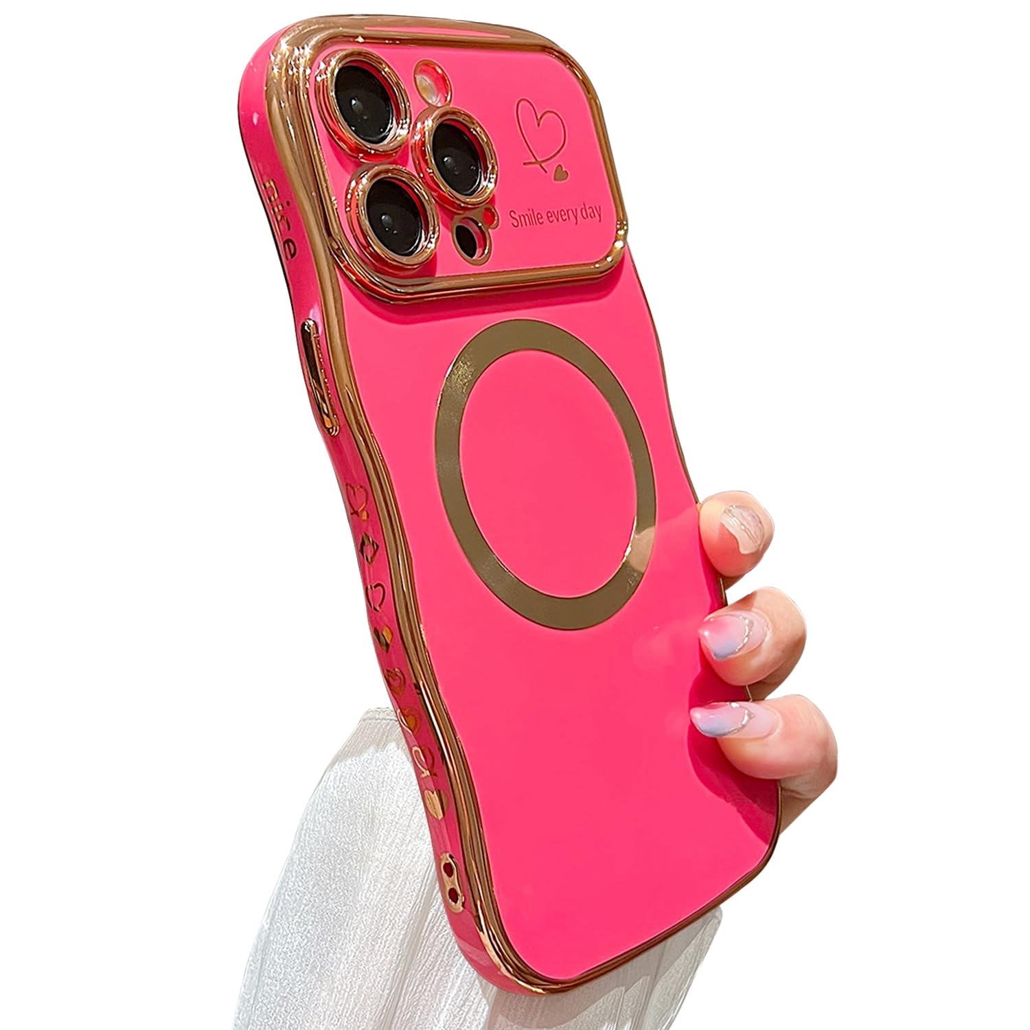 Photo 1 of ZONRW for iPhone 15 Pro Max Case Magnetic,for Women Girls Soft Cute Wave Frame Curly Shape Love Heart Luxury Plating Phone Case Compatible with MagSafe Shockproof Back Cover 6.7"-Hot Pink