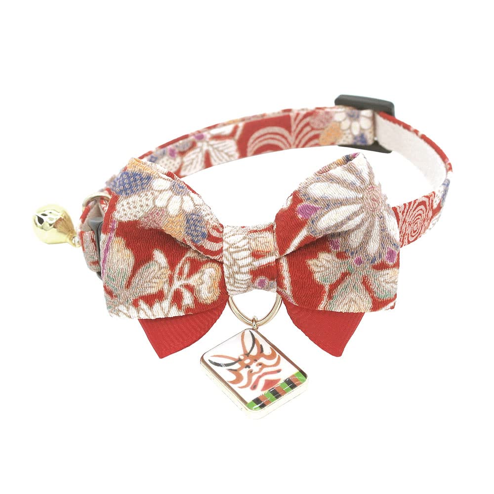 PetSoKoo Double Bowtie Cat Collar with Japan Kabuki Charm. Safety Breakaway Buckle. Cute Kitten Collar for Girl Boy Cats