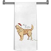 WDSFHYJK Golden Retriever Christmas Kitchen Towels Decorative, Gifts for Golden Retriever Lovers Hand Tea Towels for Bathroom, Funny Santa Xmas Lights Dog Dish Towel Dishcloth, 16x24 Inch
