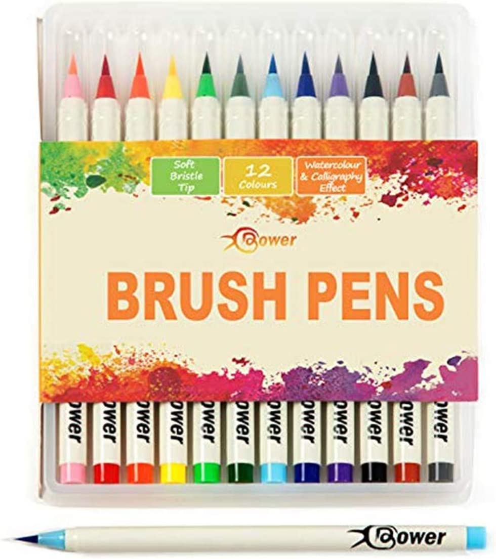 Watercolour Brush Pens set, Artists Calligraphy Markers with Soft Bristle Tip & Rich Colours for Sketchbook Drawings Manga / Comic Book Art, Adult Colouring, Bullet Journals, Canvas Paintings (12)
