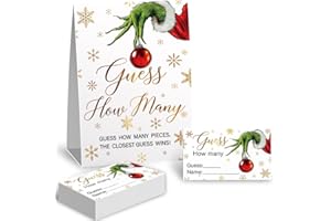 KADIAK Guess How Many Christmas Theme Party Game - 50 Guessing Cards & 1 Standing Sign, Green Hand Snowflake Decorations