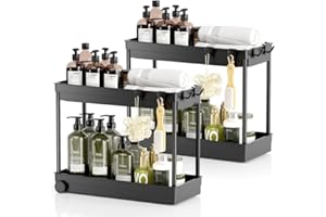Under Sink Organizer, 2 Tier Under Bathroom Cabinet Storage, Black Counter Organizer with Hooks, Pull Out Sink Storage Rack, 
