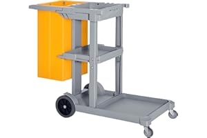 HOMCOM Janitorial Cart with 3 Shelves, Cleaning Cart on Wheels with Rubbish Bag and Mop Holders for Hotel, Housekeeping, 47.6