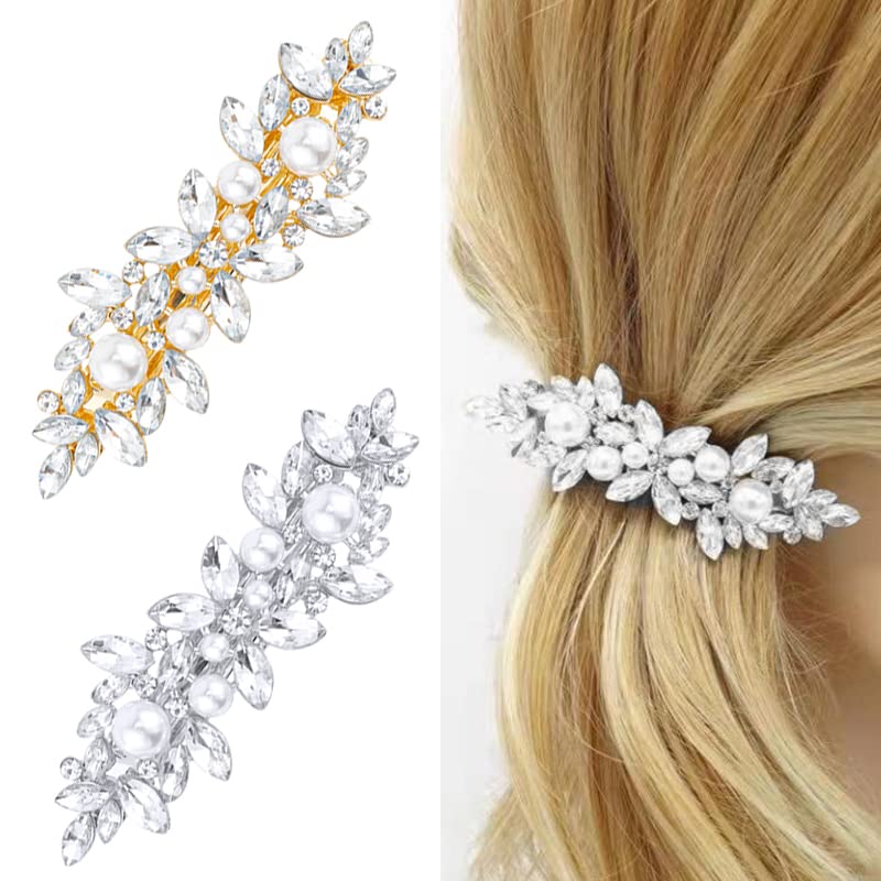 Photo 1 of WHAVEL 2PCS Pearl Barrettes for Women, Rhinestone Hair Clips Pearl Hair Barrettes French Barrette Hair Clips Bridal Hair Pins Decorative Hair Accessories Bridesmaid
