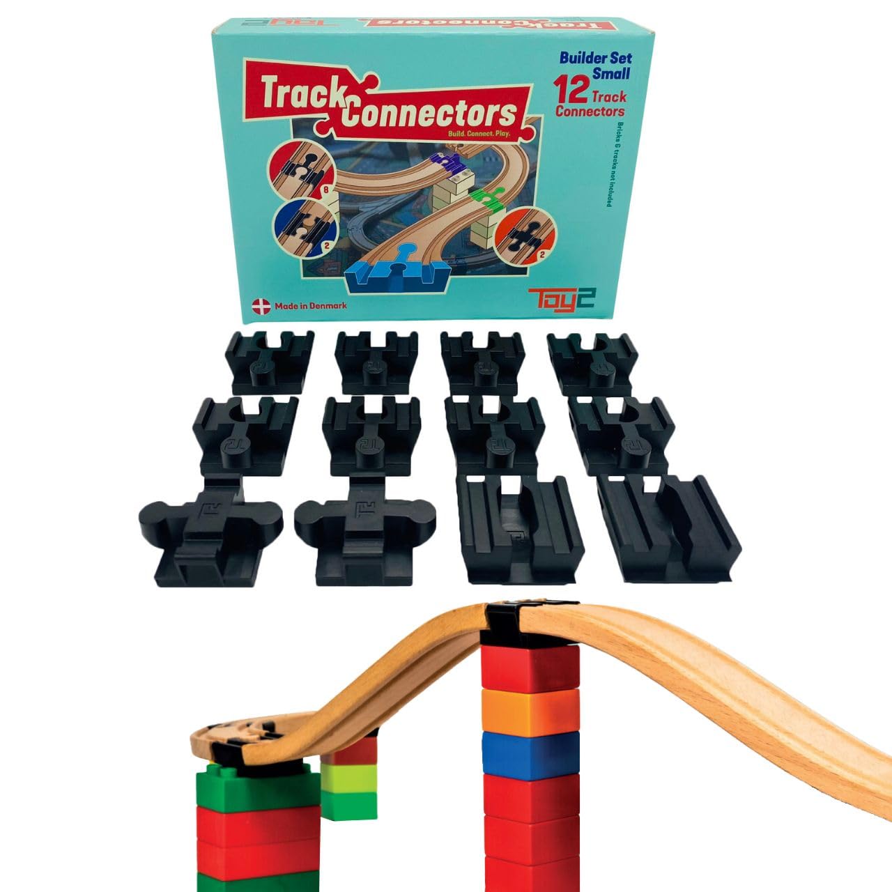 TOY2 Builder Set Small | 12 Toy Train Track Connectors Compatible with Brio & Duplo | Kit w/ 3 Different Track Connectors | Sustainable Wooden Train Set Rail Connector Pack (21001