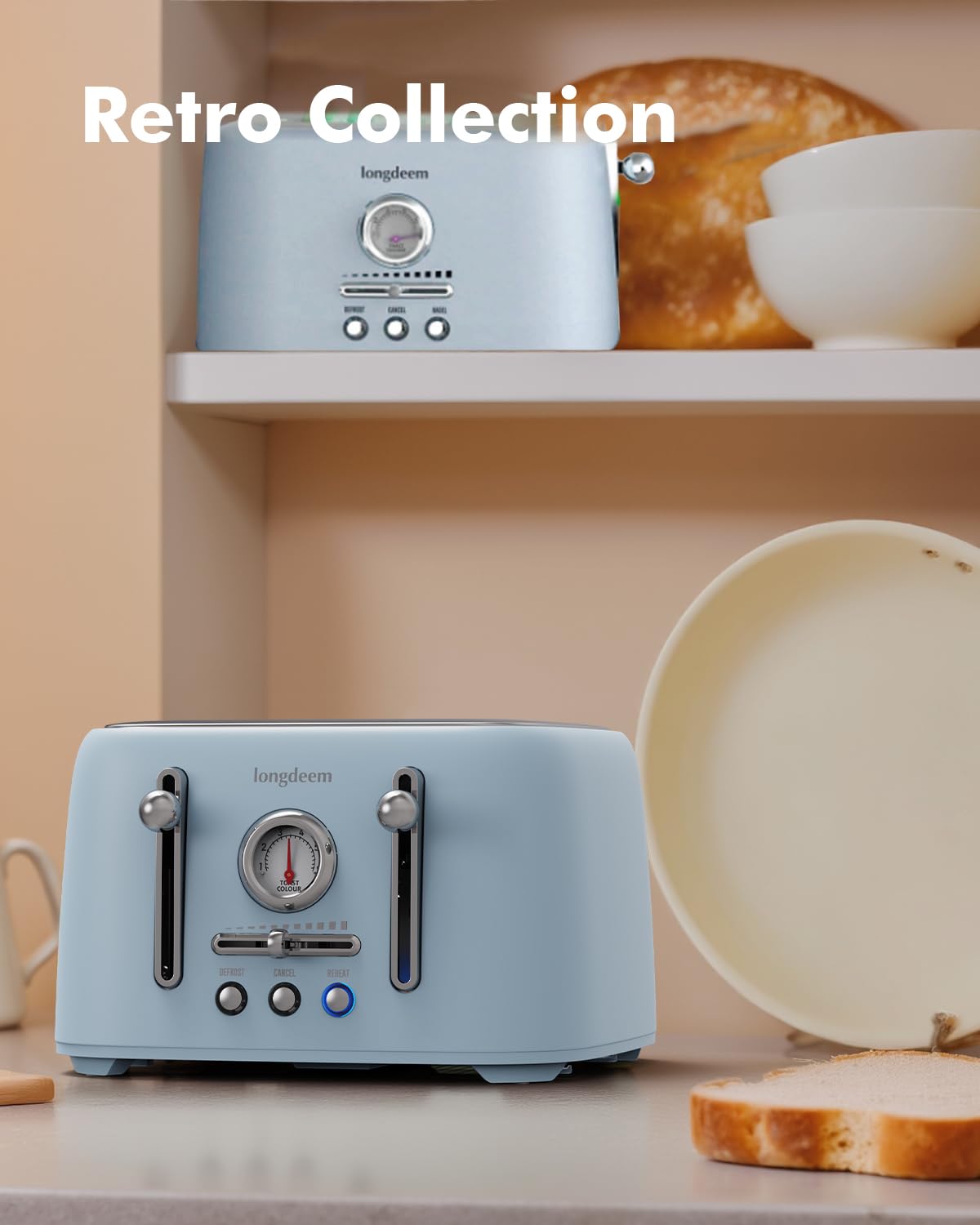 LONGDEEM Tostadora de 4 rebanadas con ranuras extra anchas de 1.6", control de dorado de 6 niveles y bagel/descongelación, bandeja para migas extraíble, horno tostador de acero inoxidable con apagado automático, azul