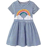 AIWUHE Toddler Girls Dress Cotton Casual Short Sleeve Striped Jersey Dresses Summer Cartoon Dinosaurs Appliques Shirt 2-7Y