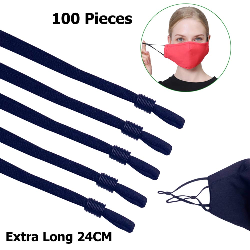 GHSlife Adjustable Elastic Band Cord String Straps for Mask Sewing, Extra Long 24cm, 100 Pieces Ear Loops for Making Masks Stretchy Rope with Lock Buckle-Black