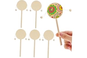 WOONEKY Diy Wooden Rattle Drum Toy for Boys and Girls, 6pcs Unfinished Painting Shaking Pellet Drum Set, Creative Handheld Mu