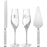 Sratte 4 Pcs Wedding Cake Knife and Champagne Flutes Server Set, Toasting Crystal Rhinestone Champagne Flutes Glasses Cake Knife Pie Server Wedding Gifts for Couple Bride Groom (Silver)
