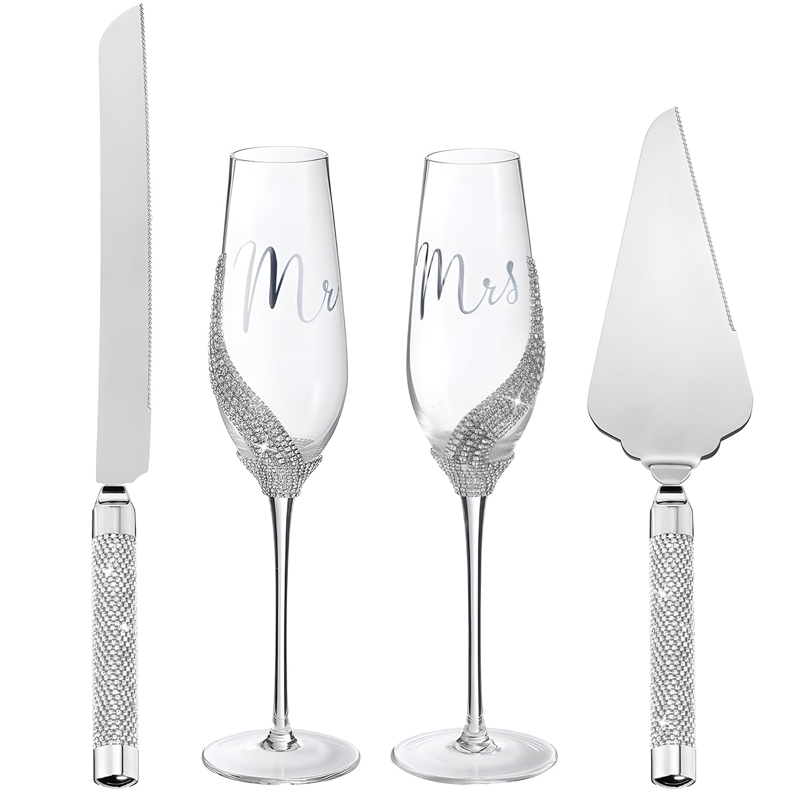 Photo 1 of Sratte 4 Pcs Wedding Cake Knife and Champagne Flutes Server Set, Toasting Crystal Rhinestone Champagne Flutes Glasses Cake Knife Pie Server Wedding Gifts for Couple Bride Groom (Silver,Classic)