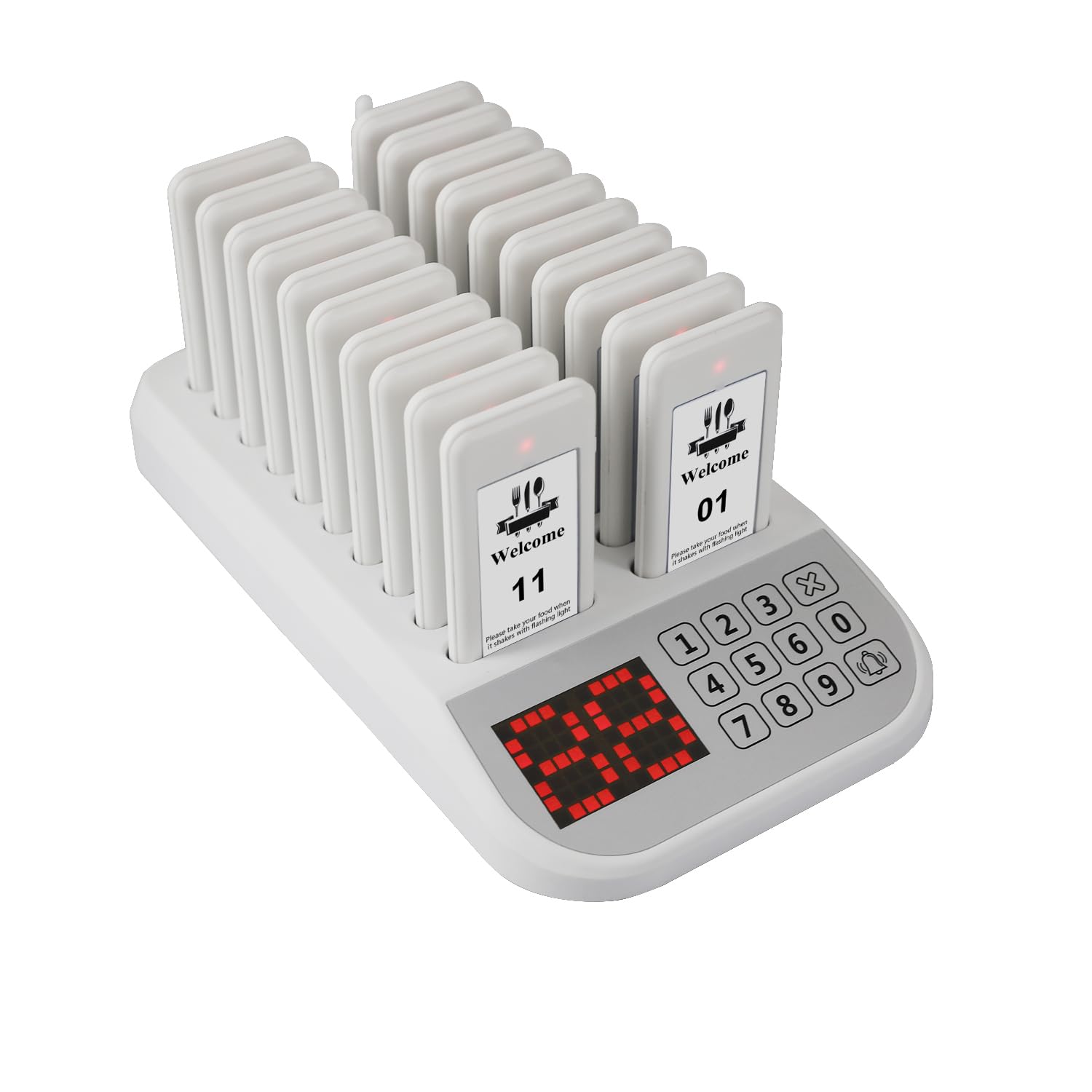 Photo 1 of LOUKIENE Wireless Restaurant Pager System, 20 Beepers, White Calling System Waiting Beepers for Queue in Restaurants Food Truck Churches Hospital Hotel Bar Eatery with Vibration Flash and Buzzer