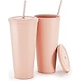 Maars Acrylic Travel Tumbler with Lid and Straw | 32oz Premium Insulated Double Wall XL Plastic Reusable Cups - Matte Blush, 2 Pack