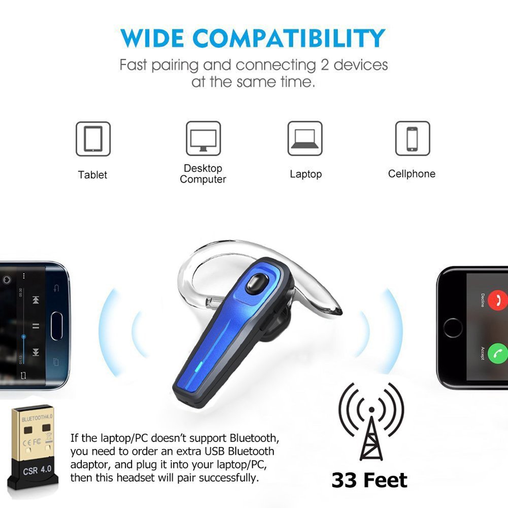 Bluetooth Headset, Wireless Headset Kopfhörer Bluetooth V4.1 Handfreies drahtloses Ohrhörer mit Mute Funk Kopfhörer Rauschunterdrückung Ohrhörer mit Mikrofon für Android / Iphone / PC, Auto / LKW Fahrer Business Headsets (SEED_headset)