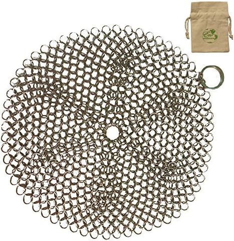 ScrubBrilliant Chainmail with Bamboo Scraper &amp; Canvas Tote- The Easiest, Long-lasting, Multi-Purpose Pan, Grill, Griddle &amp; Cast Iron Cleaner with Gift Wrapping