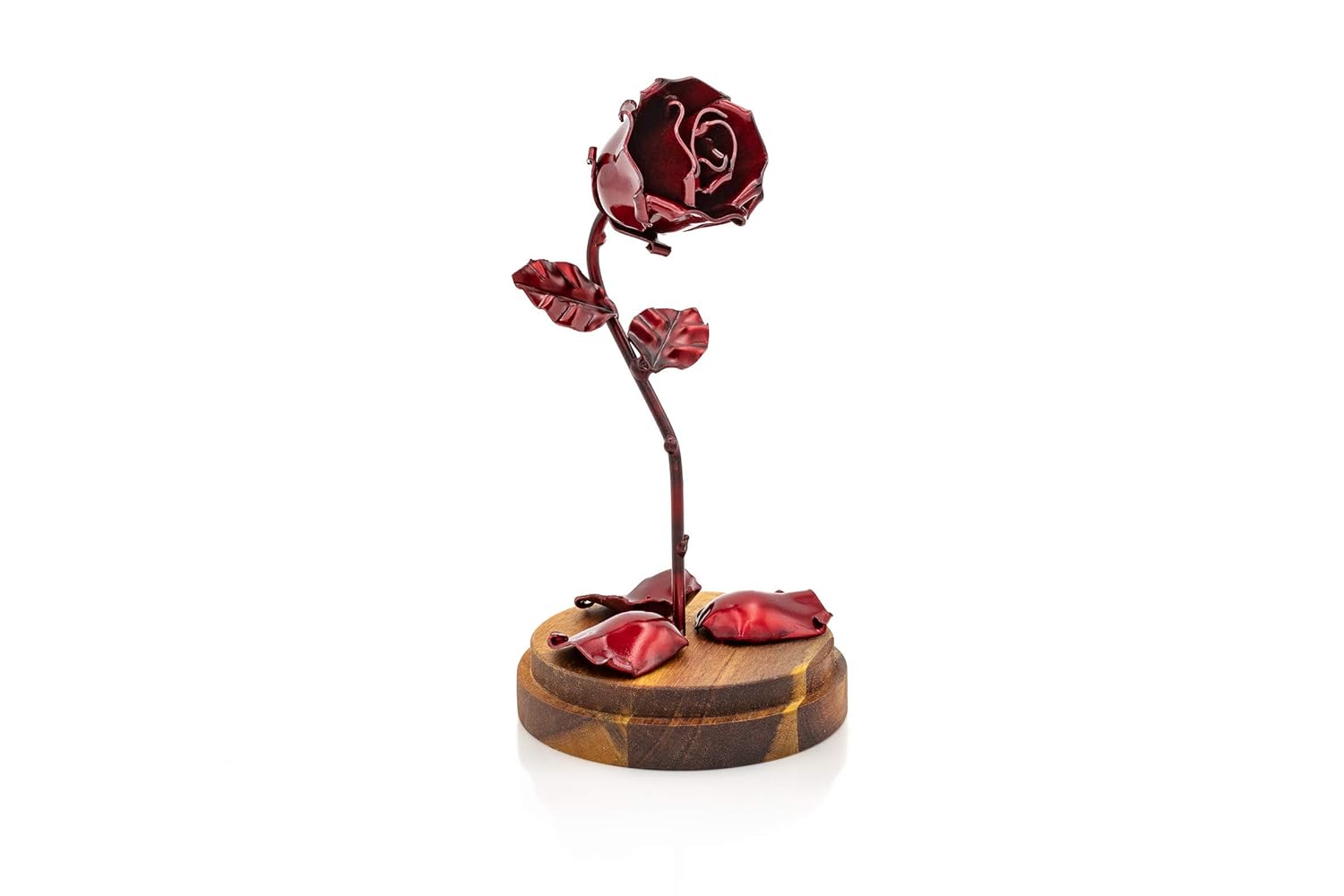 Rosa Eterna Rossa Fatta Di Ferro Battuto La Bella E La Bestia Con I Petali Rossi Caduti E Con Copertura In Vetro Su Base In Legno Prodotti Handmade Decorazioni Per La Casa