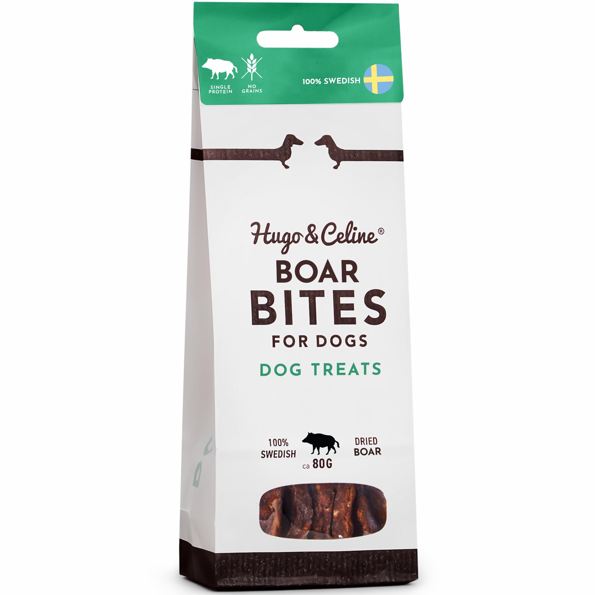 Hugo & Celine Boar Bites Dog Treats - 100% Pure Swedish Wild Boar, Unique Single Protein, Natural, Healthy, Grain Free, Low Fat Treat. For Puppies, Small, Medium and Large Dogs. 80g