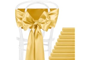 Eychei 12 Pcs Gold Satin Chair Sashes Bows, 7x108 inch Chair Bow Ties Back Silky Dining Chair Sashes Satin Chair Ribbon for Wedding, Party, Banquet, Restaurant, Hotel Event, Chair Cover Decorations