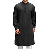 Runcati Mens Kaftan Robe Button Down Long Sleeve Cotton Linen Thobe Casual Muslim Gown Henley Shirt