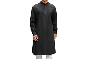 Runcati Mens Kaftan Robe Button Down Long Sleeve Cotton Linen Thobe Casual Muslim Gown Henley Shirt