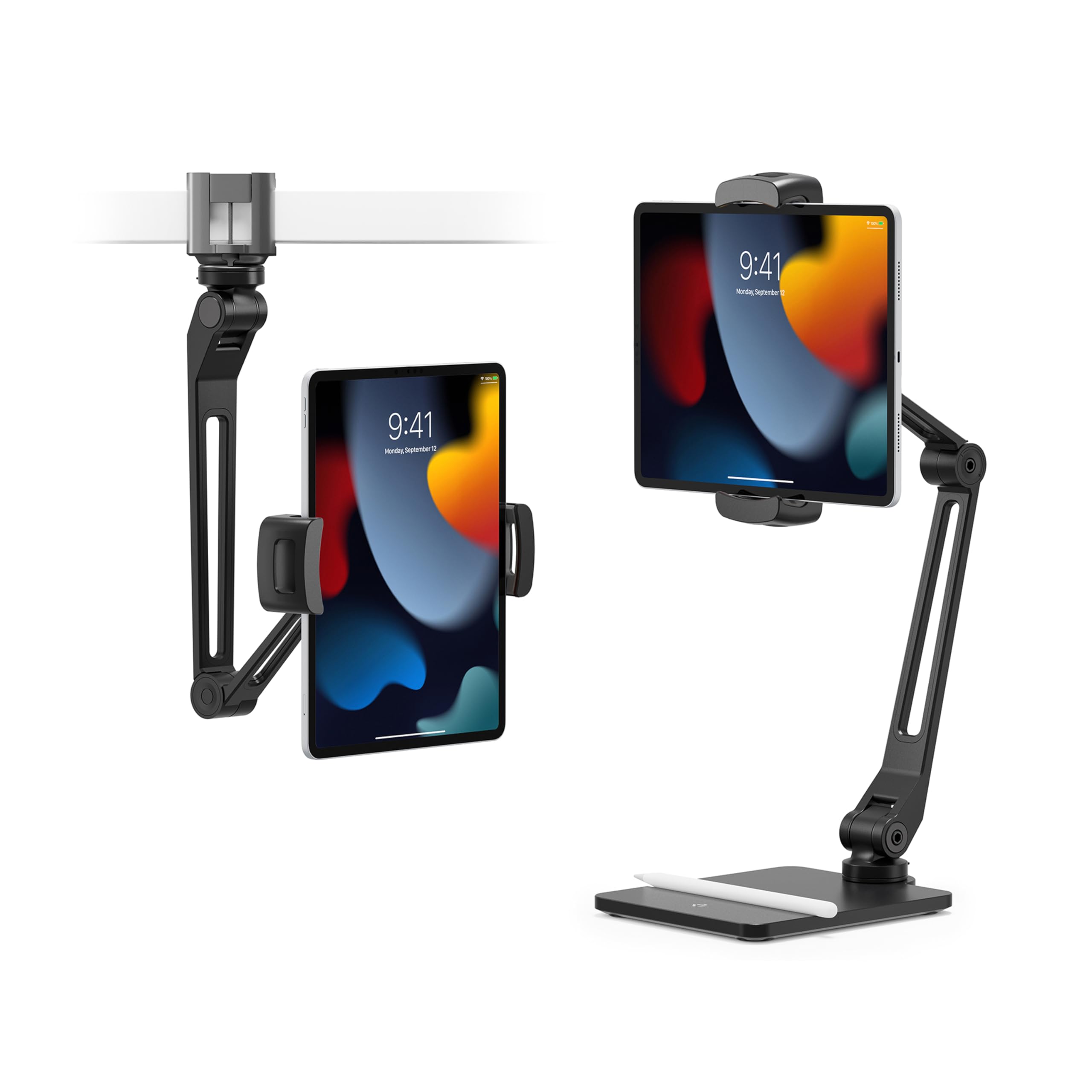 Twelve South HoverBar Duo iPad Stand (2nd Gen) - Adjustable Tablet Stand for Desk with Weighted Base & Clamp Attachment for Mounting, Tablet Holder, Foldable Tablet Desk Stand, Fits All iPads, Black