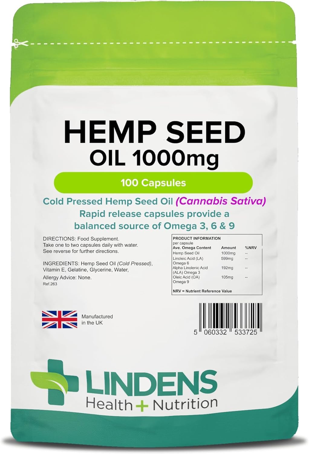 Lindens - Hemp Seed Oil 1000mg, 100 Capsules - UK Made - Source of Omega 3, 6 & 9 - Joint Care, Heart Health, Overall Wellbeing - Cold Pressed Hemp Seed Oil - Letterbox Friendly