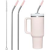 Bluwing Repeatable Metal Straw with Silicone Tips for 30 oz Stanley Tumbler, 2 Pcs 30 oz Stainless Steel Straws Replacement f