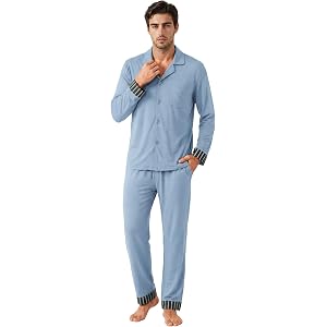 U2SKIIN Mens Pajama Set Bamboo Viscose Cotton Soft Breathable Sleepwear Long Sleeve Button Down Lounge Set with Pockets S-2XL