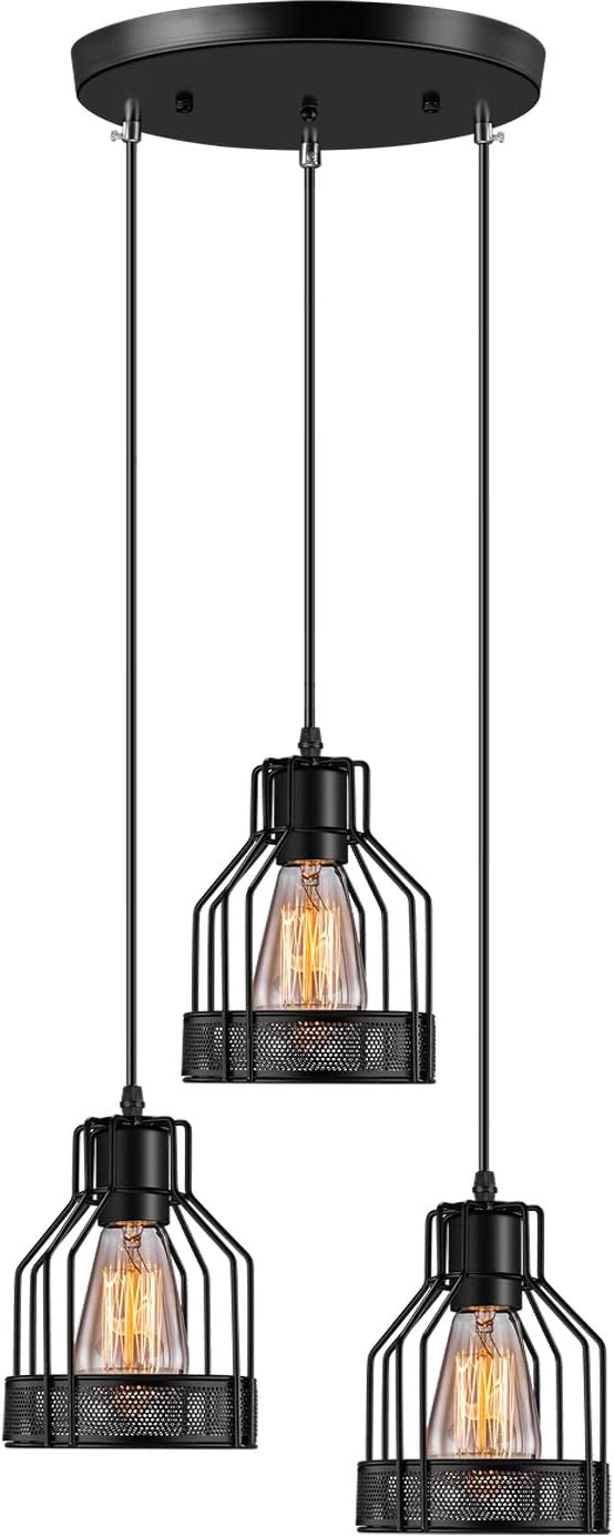 Industrial Pendant Lighting Licperron E26 Base Edison Metal Caged Vintage Hanging Pendant 3-Lights Rustic Pendant Light Fixture for Kitchen Dining Room Bar Hotel - - 