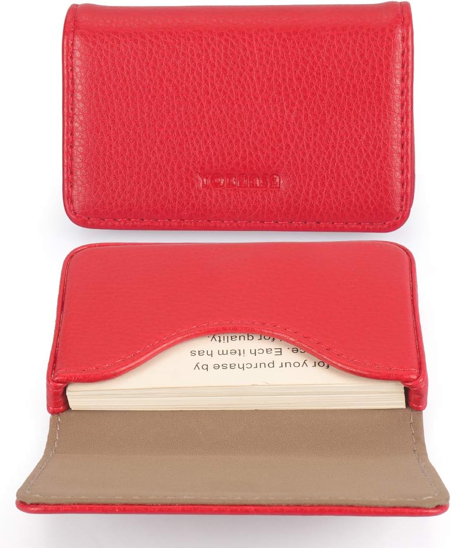 YOBANSA PU Leather Business Card Holder Wallet Credit Card Holder Business Name Card Case with Magnetic Buckle for Men and Women (Red 0A)