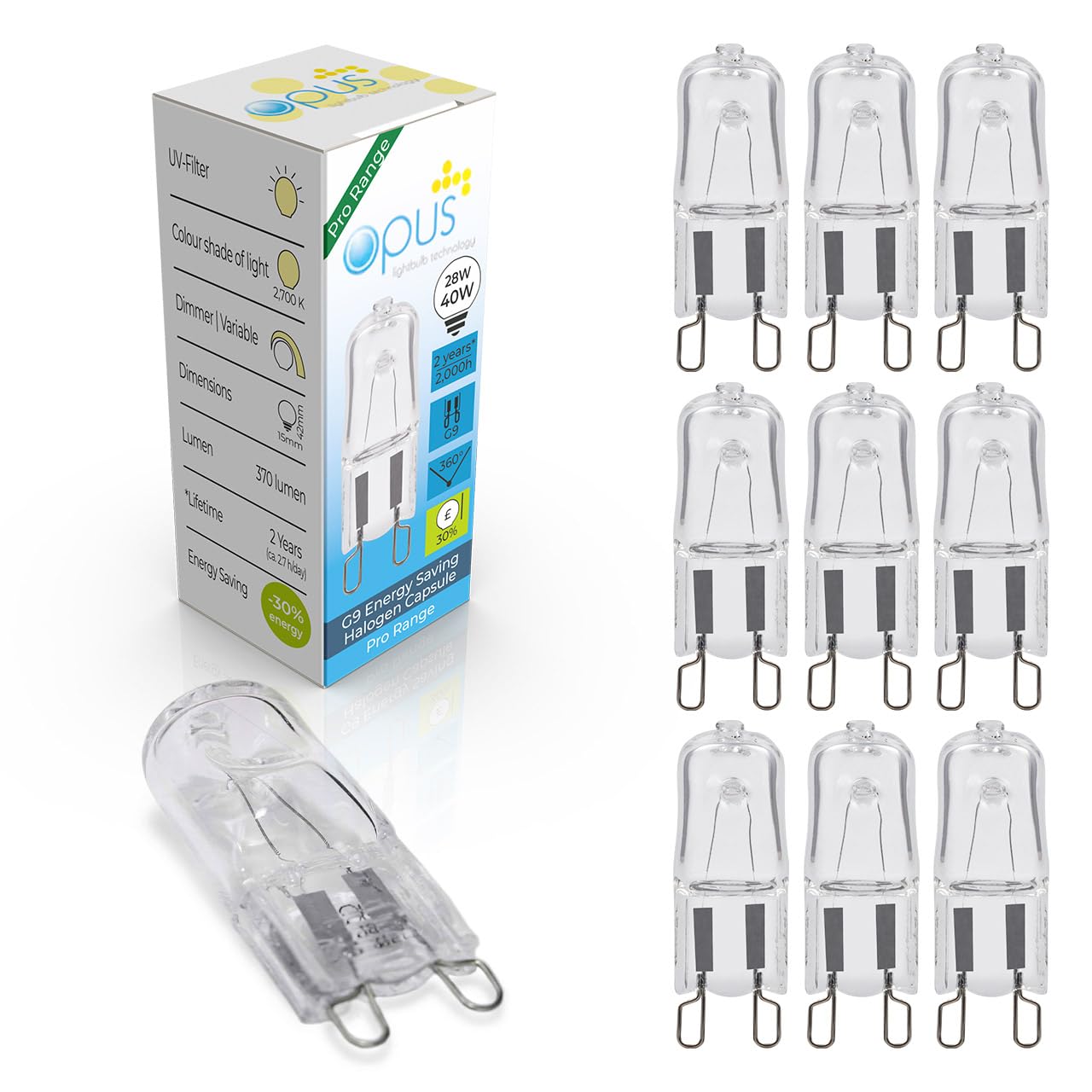 Opus G9 Halogen Bulbs | 28W = Equivalent to 40W Lightbulb | Warm White 2700K | Long Life 2,000-Hrs | Clear Glass Capsule | Dimmable | 2 Pin Light Bulbs | Small Lights (10)