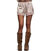 BEAUDRM Women's Lace Trim Satin Shorts Elastic Waist Mini Shorts Casual Lounge Silk Shorts French Knickers