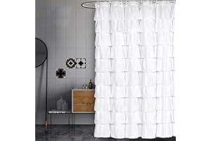 Volens White Shower Curtain Fabric Ruffle for Bathroom,70in Long