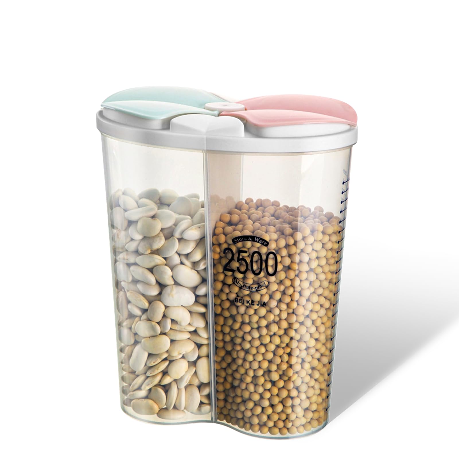 Yeswell Airtight Food Storage Containers, 2 Grids Sealed Jar Cereal Storage Box with Lids, Transparent Plastic Airtight Best Dry Food Storage Containers, Multiple Spaces Cereal Dispensers