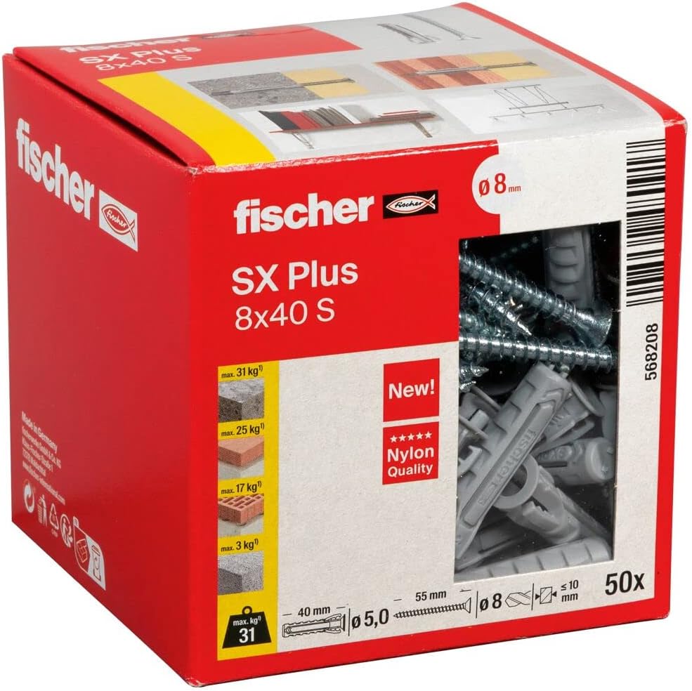 fischer SX Plus 8x40 Expansion Dowels Box of 50 with Screws