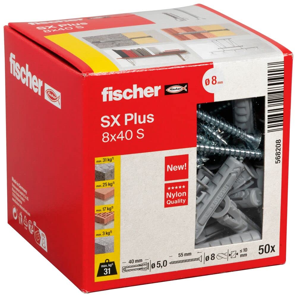 fischer Expansion dowels SX Plus 8 x 40 S, Box of 50 Nylon dowels and Matching Screws, dowels for Optimal Hold for fixings in Concrete, Solid Brick, aerated Concrete, Perforated Bricks and Much More. — image 1