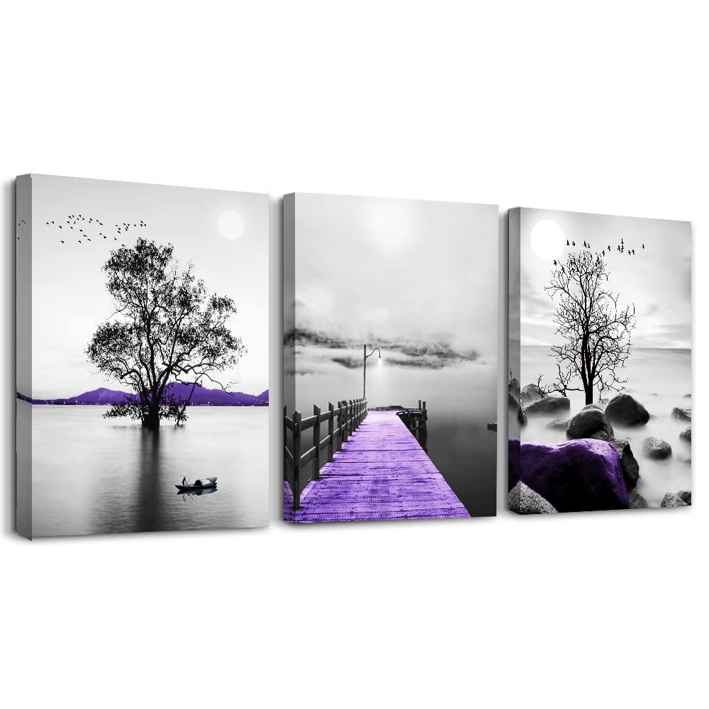 MHARTK66 Black White Canvas Wall Art for Living Room, Purple Modern Artwork Nature Tree Lake Landscape Bathroom Pictures Bedroom Wall Decor, Family Prints Paintings Wall Decoration Hallway Office — image 1