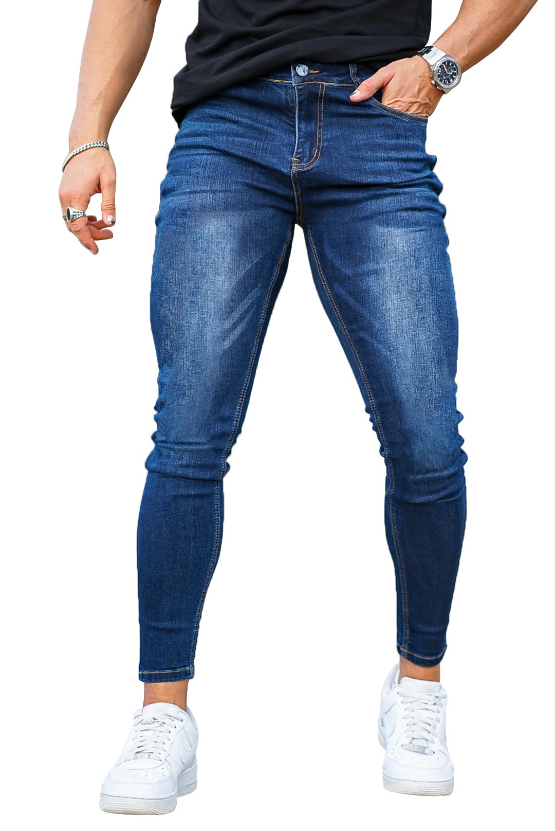 Photo 1 of GINGTTO Skinny Jeans Men Slim Fit Stretch Elastic Waist Jeans Pants (32W28L, Blue)