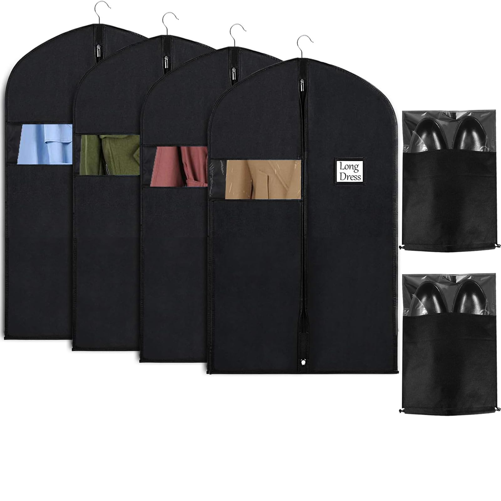 4 Garment Bags with 2 Shoe Pockets - Clothes Bags with Zip, Transparent Window - 100 x 60 cm Garment Cover for Suits, Dresses, Jackets, Shirts - Waterproof, Mildew Resistant, Insect Repellent