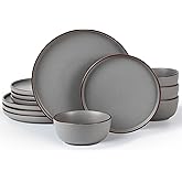 Famiware Mercury Plates and Bowls Sets, 12 Pieces Stoneware Dinnerware Sets, Dishes Set for 4, Microwave and Dishwasher Safe, Dark Grey