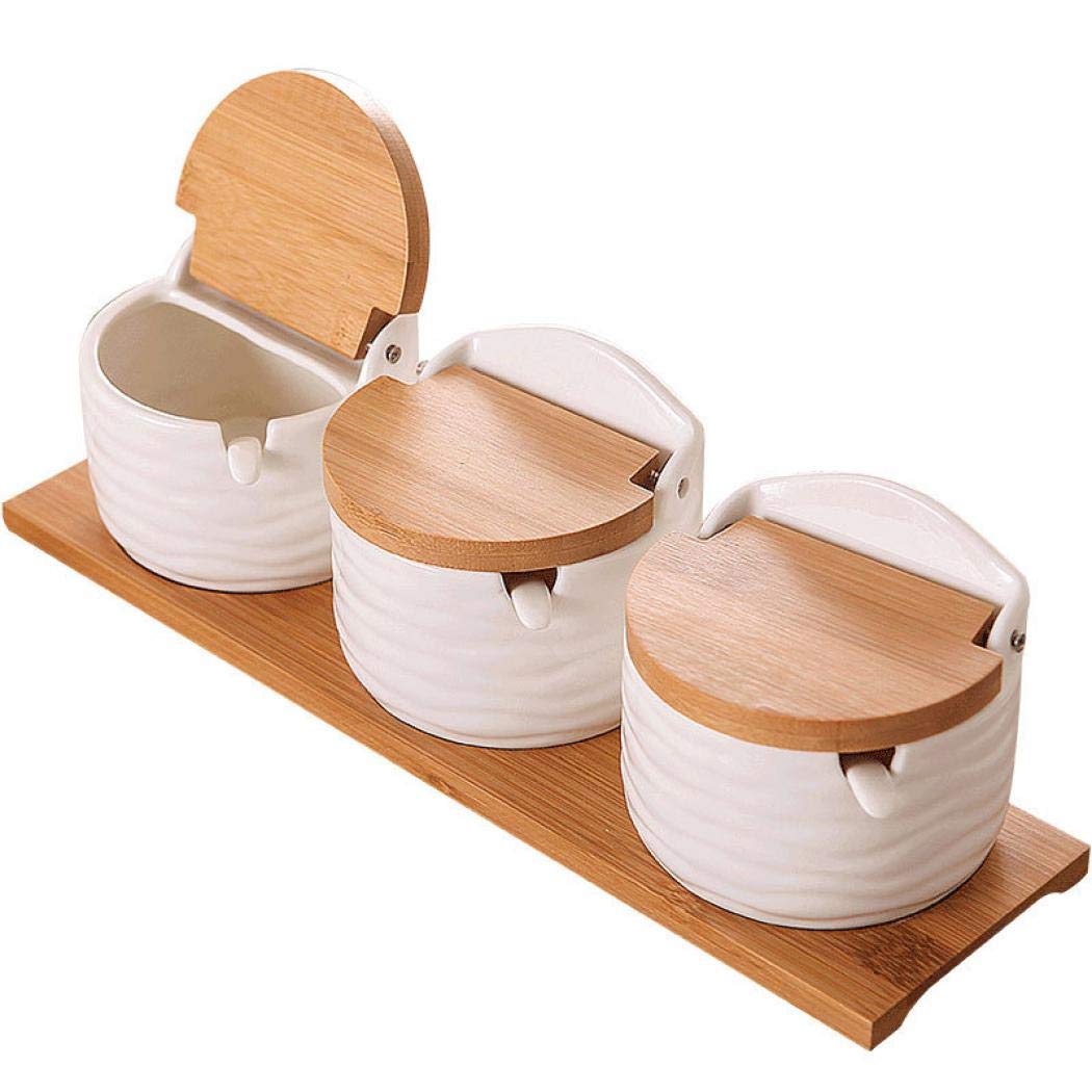 Kitchen Spice Jar, Ceramic Bowl with Bamboo Lids and Sugar Spoons Porcelain Condiment Container, Salt Seasoning Rack Spice Pots Seasoning Box for Home (Suit C)